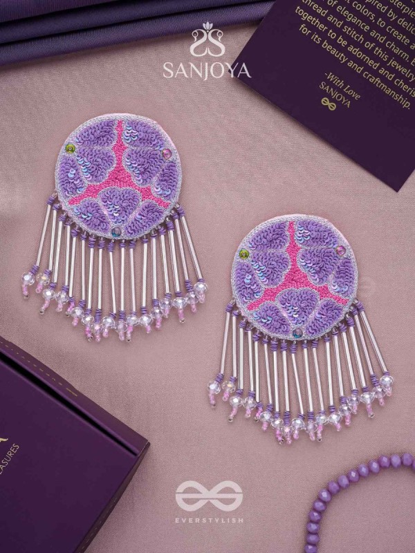 Misraka - The Garden Of Paradise - Sequins, Resham And Beads Hand Embroidered Earrings (Amethyst Purple & Fuchsia Pink)