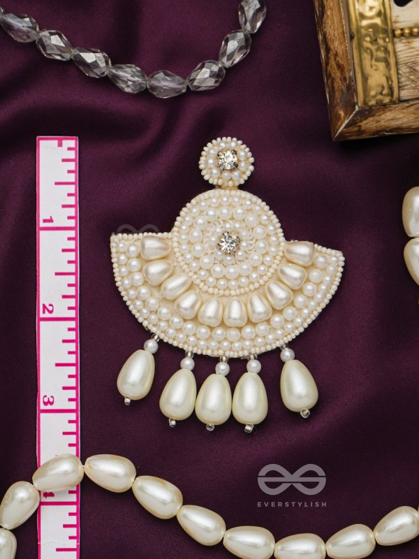 SURAMYA- THE PICTURESQUE CRESCENT- WHITE BEADS AND STONE EMBROIDERED EARRINGS