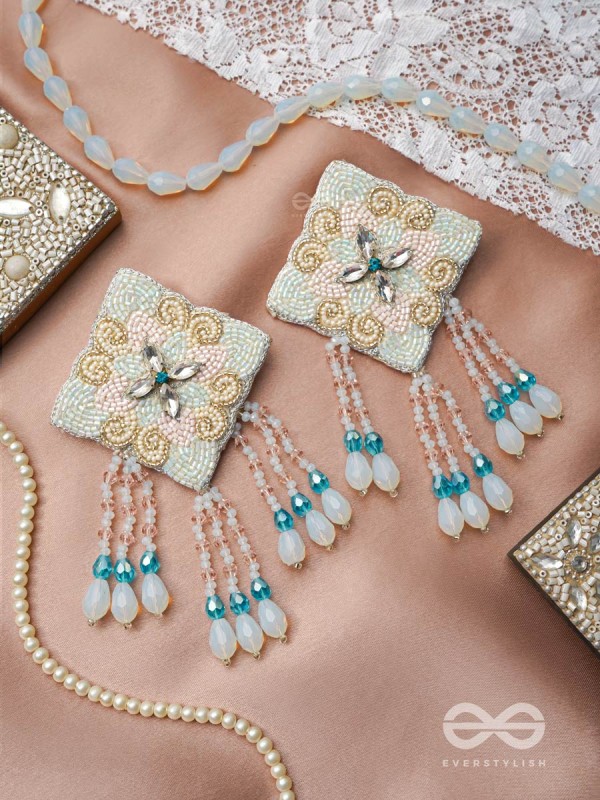 Vivarta - The Blue Sky - Stones, Glass Drops And Glass Beads Hand Embroidered Earrings 