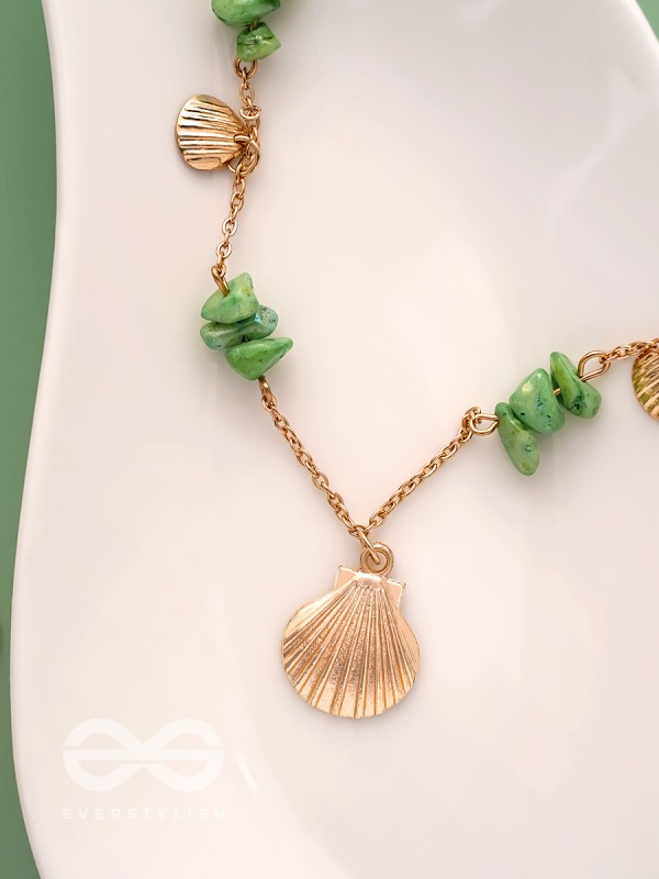 Shells N Pebbles- Golden And Olive Green Stone Necklace With Anti-Tarnish Coating 