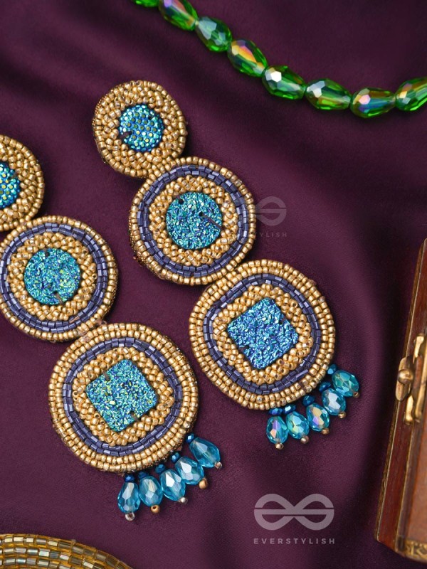Anushna- The Blue Lotus- Glitter Stones, Glass Drops & Beads Embroidered Earrings