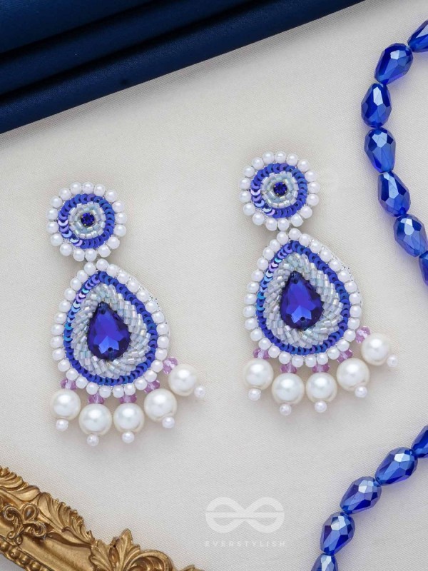 Parjanya - The Raindrop - Stone, Pearls And Beads Hand Embroidered Earrings (Cobalt Blue)
