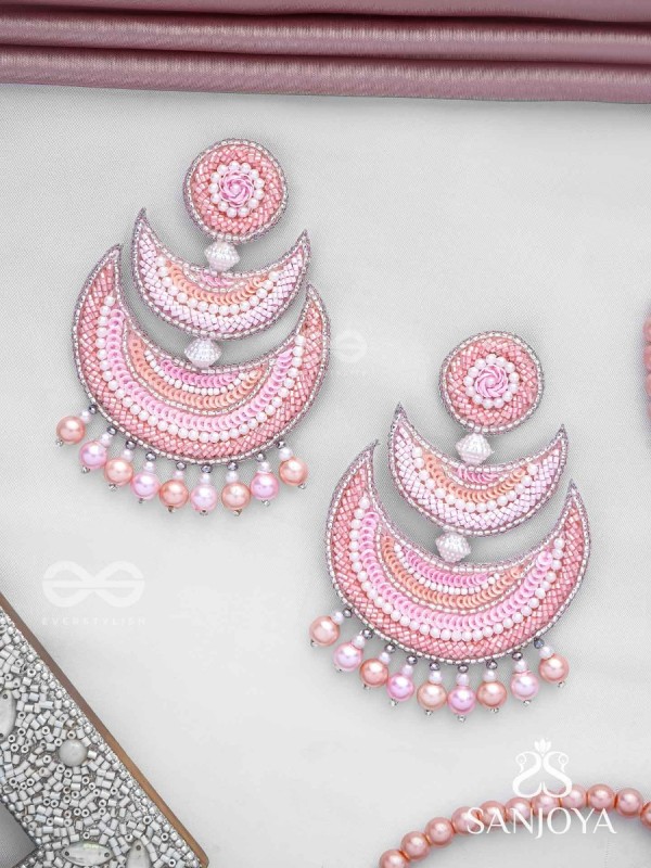 Sitasva - Dazzling Moons - Beads, Pearls And Sequins Hand Embroidered Earrings (Coral Pink)