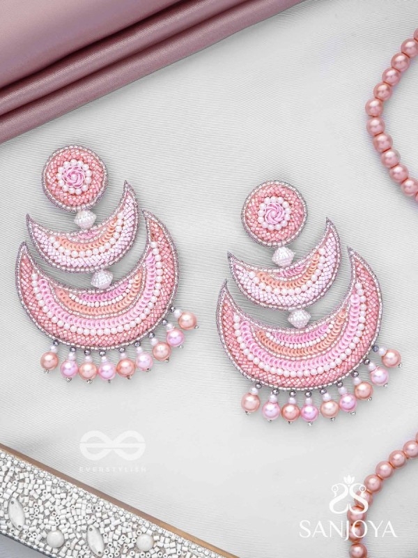 Sitasva - Dazzling Moons - Beads, Pearls And Sequins Hand Embroidered Earrings (Coral Pink)