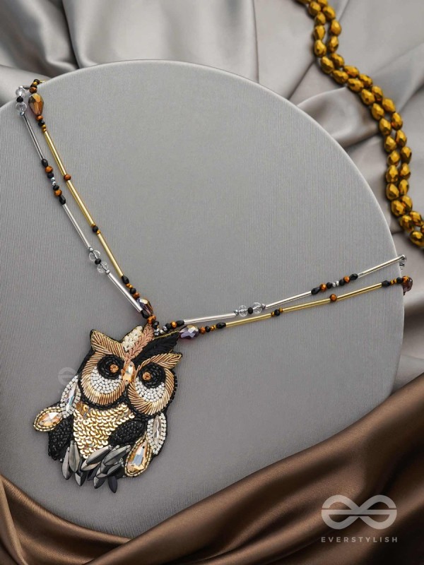 Shakuneya - The Owl King -  Sequins And Cutdana Hand Embroidered Necklace (Ebony Black And Golden)
