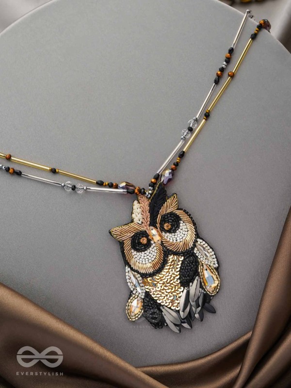 Shakuneya - The Owl King -  Sequins And Cutdana Hand Embroidered Necklace (Ebony Black And Golden)