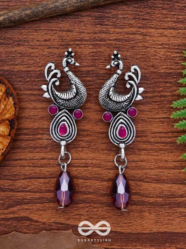 The Prancing Peacock- Embellished Oxidized Earrings (Magenta and Lavender) 