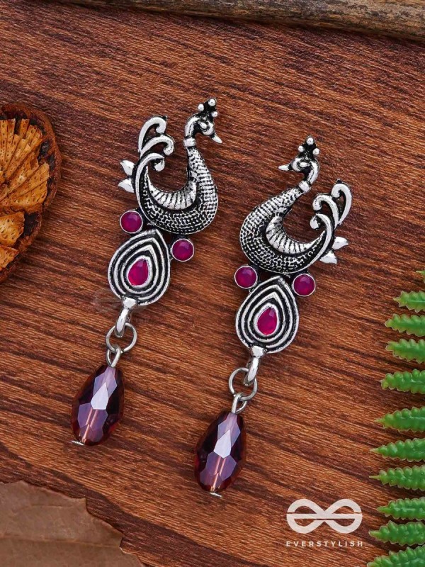 The Prancing Peacock- Embellished Oxidized Earrings (Magenta and Lavender) 