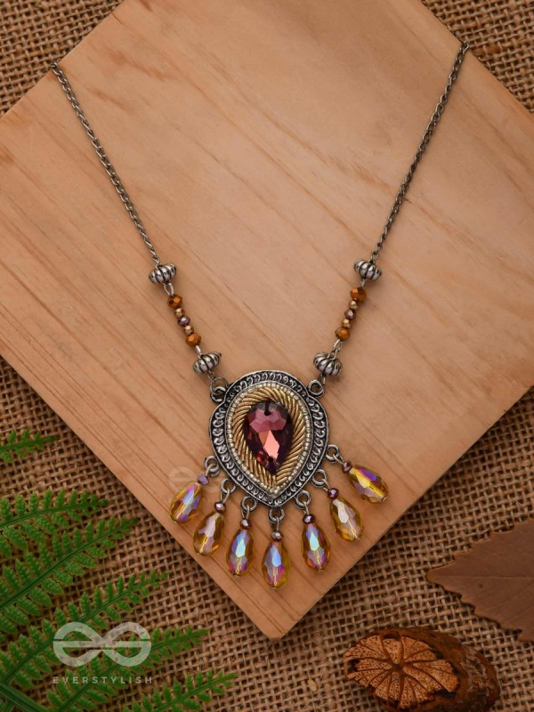 Peshana- The Gorgeous Trinket- Stone and Glass Beads Embroidered Necklace (Rust Orange) 