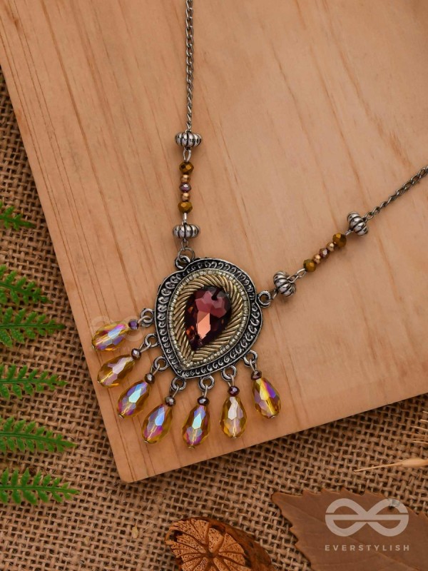 Peshana- The Gorgeous Trinket- Stone and Glass Beads Embroidered Necklace (Rust Orange) 
