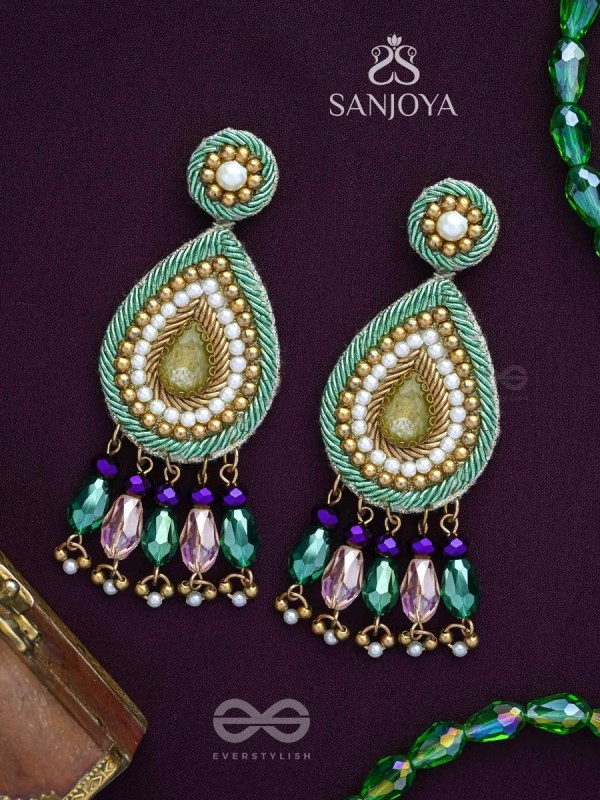 Vishyanda - The Aqua Drop - Beads, Dabka And Stones Hand Embroidered Earrings
