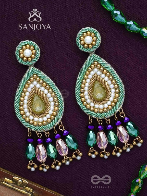 Vishyanda - The Aqua Drop - Beads, Dabka And Stones Hand Embroidered Earrings