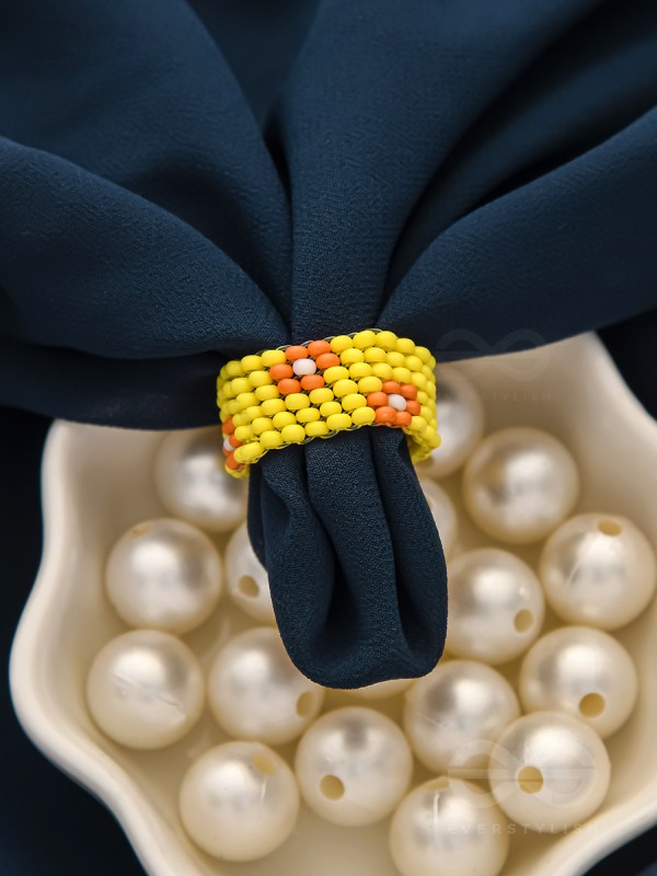 The Flower Meadow- Stretchable Yellow and Red Beaded Ring