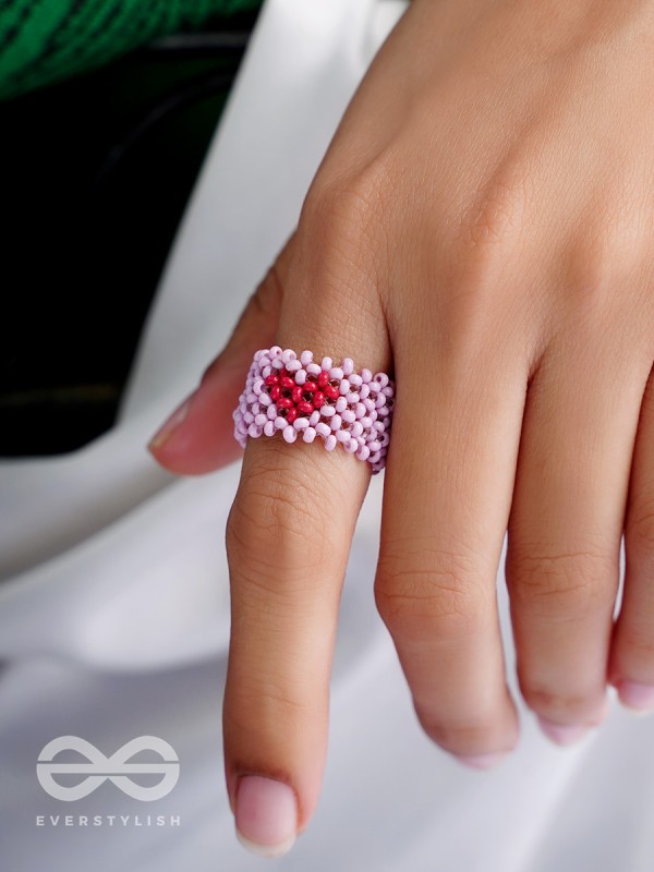 The Crimson Heart- Stretchable Lavender Beaded Ring