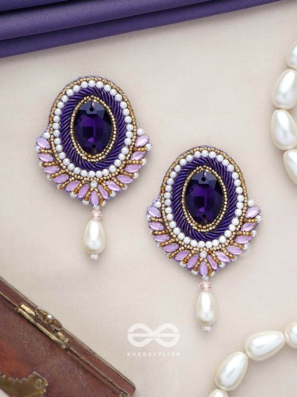 Vilohita - The Purple Elegance - Stones, Dabka And Pearl Drop Hand Embroidered Earrings