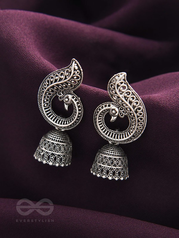 The Reclining Peacock - Oxidised Jhumka Earrings