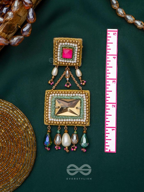 Pushkarini- The Geometric Wonder- Stones and Pearl Drops Embroidered Earrings