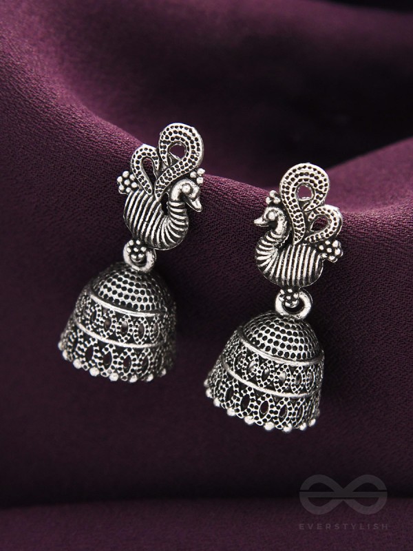 The Prink Peacock- Oxidised Jhumka Earrings