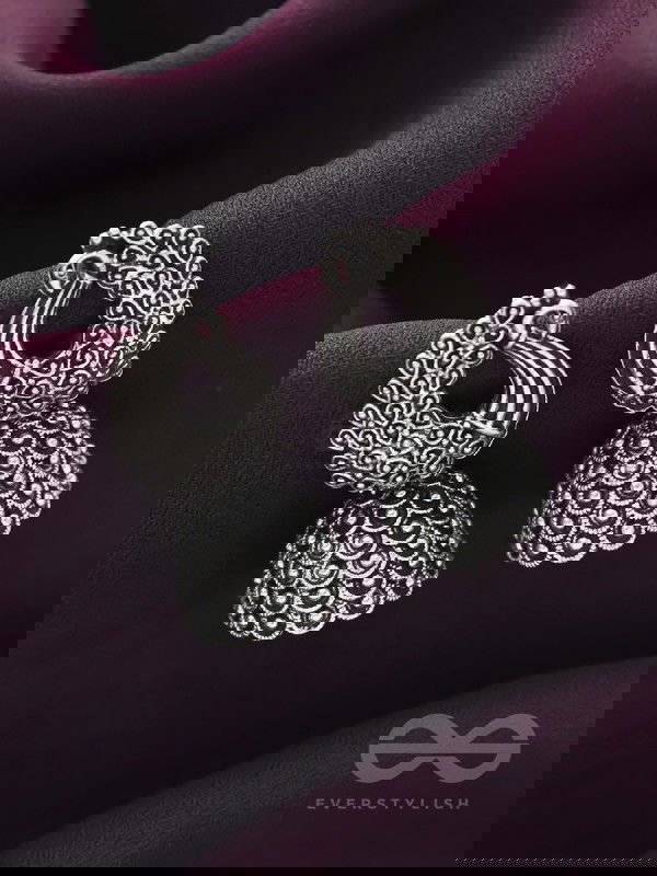 The Twirling Peacock- Oxidised Jhumka Earrings