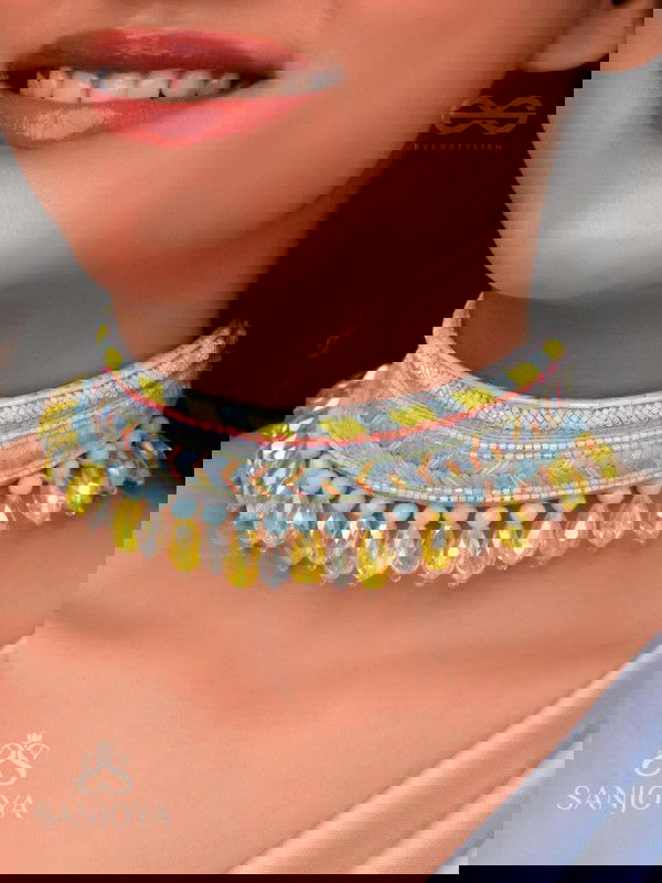 Kelih - Garden Of Sky - Resham, Cutdana And Glass Drops Hand Embroidered Choker Neckpiece
