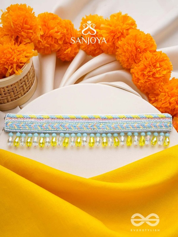 Kelih - Garden Of Sky - Resham, Cutdana And Glass Drops Hand Embroidered Choker Neckpiece