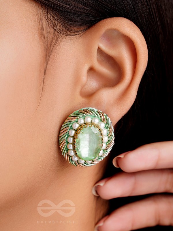 Hariparna - The Green Gem - Beads And Stones Hand Embroidered Earrings