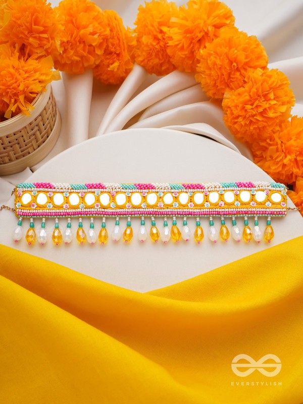 Suvarna - The Golden Stunner - Mirror, Lace And Beads Hand Embroidered Choker Neckpiece