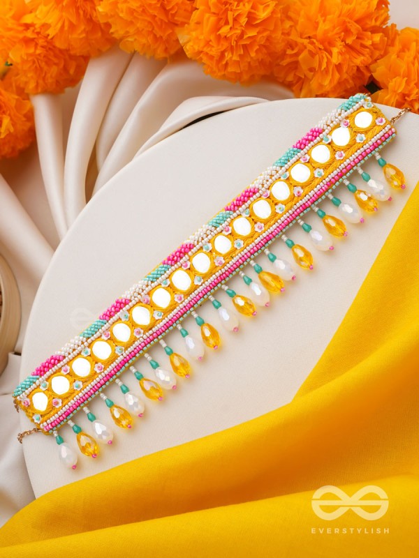 Suvarna - The Golden Stunner - Mirror, Lace And Beads Hand Embroidered Choker Neckpiece