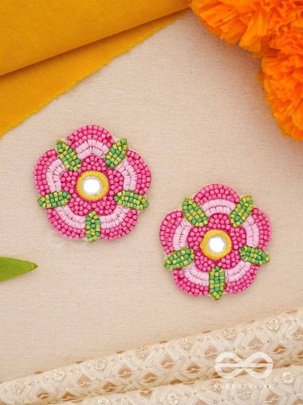 Saumana- The Pink Blossom- Resham and Mirror Embroidered Earrings