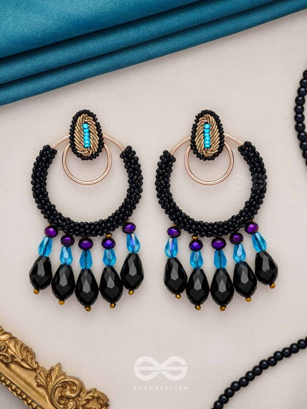Abhineela - The Mysterious Night -  Beads And Glass Drops Hand Embroidered Earrings