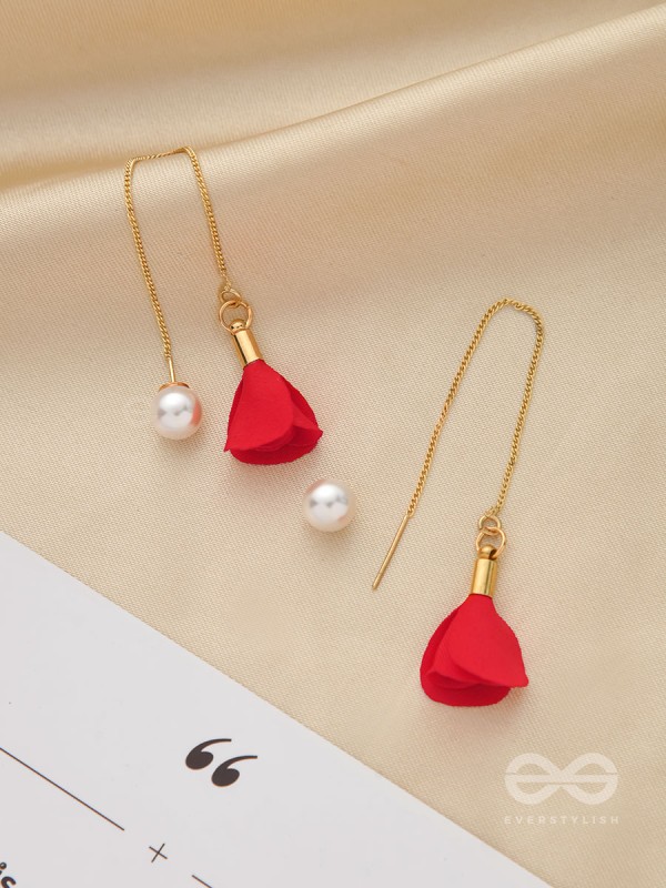 HANGING IN BALANCE PEARL AND FLOWERS NEEDLE EARRINGS- RED
