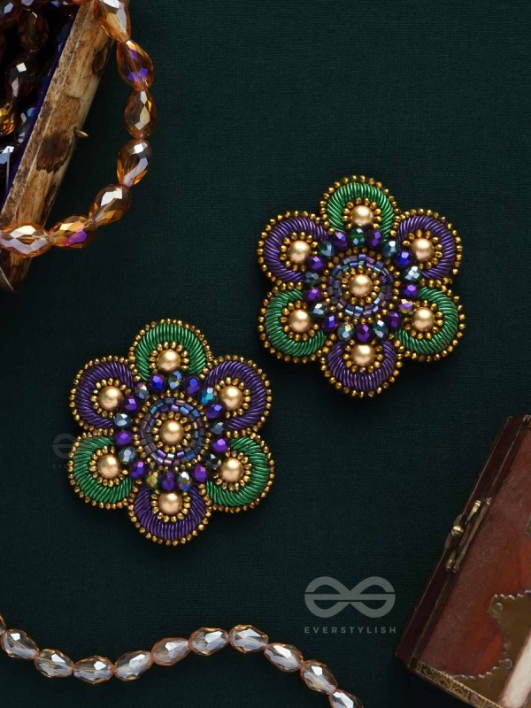 Kuvalaya - The Alluring Waterlily - Dabka, Beads And Cutdana Hand Embroidered Stud Earrings