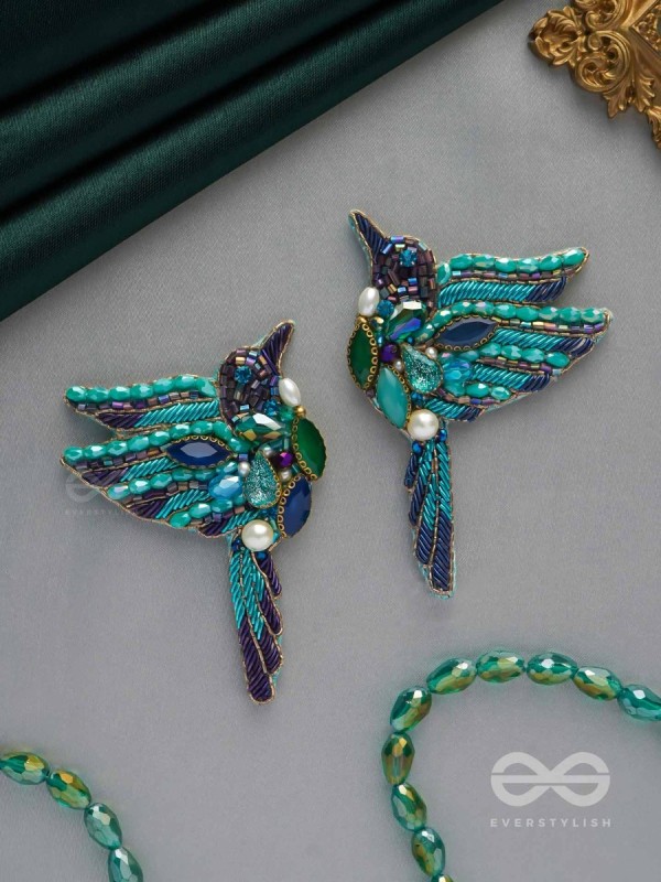 Abhraga - The Beautiful Bird - Stones, Dabka And Beads Hand Embroidered Statement Earrings