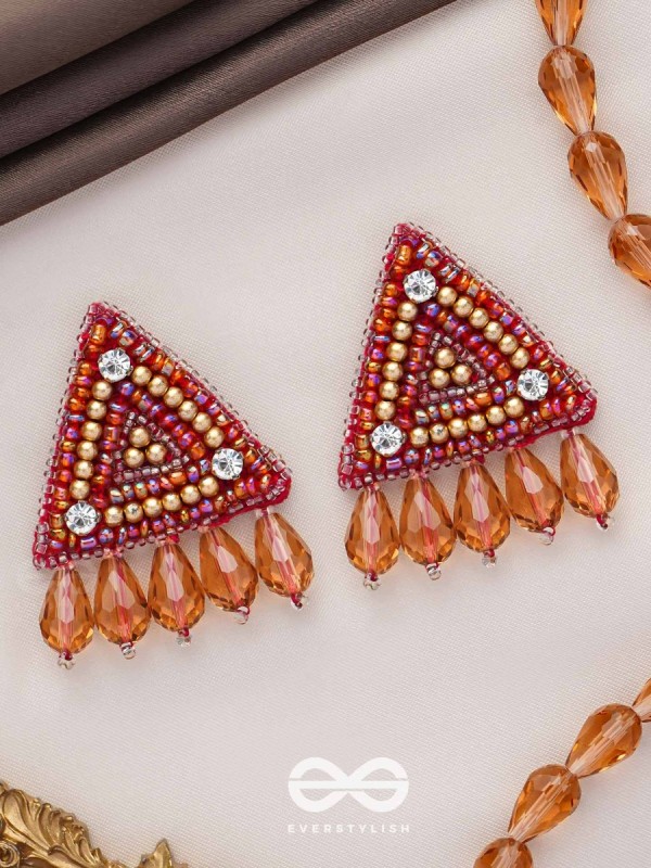 Chaitya- The Cryptic Pyramid- Stones, Glass Drops and Beads Embroidered Stud Earrings