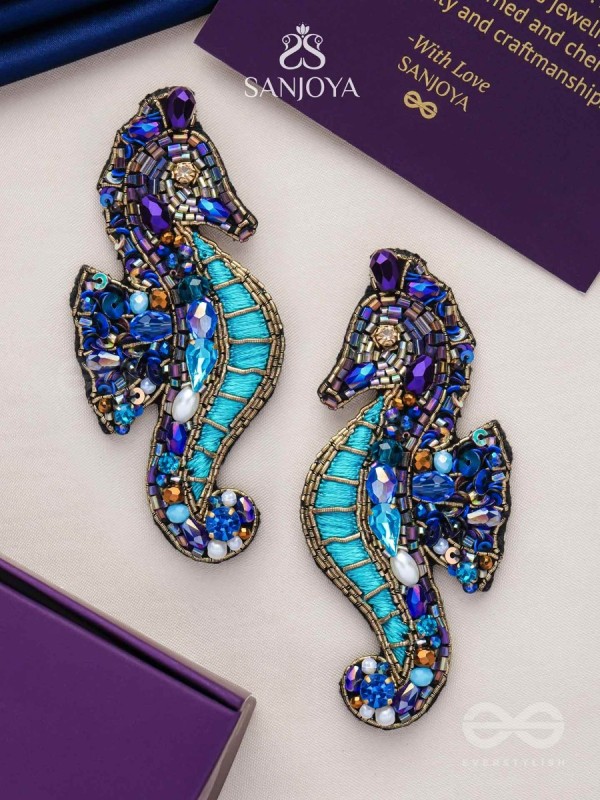 Ashwameen- The Splendid Seahorse- Stones, Sequins and Beads Embroidered Statement Earrings