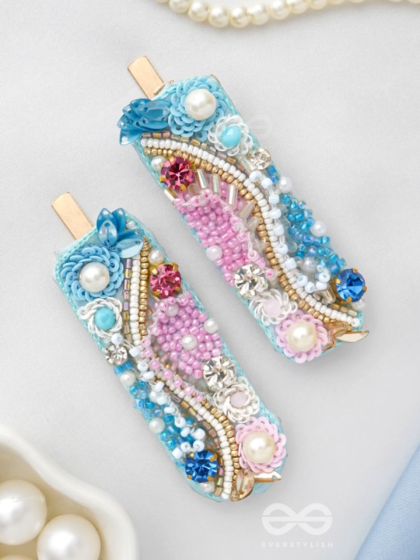 Velaam- Sea and Beach- Stones, Sequins and Beads Embroidered Hair Clips