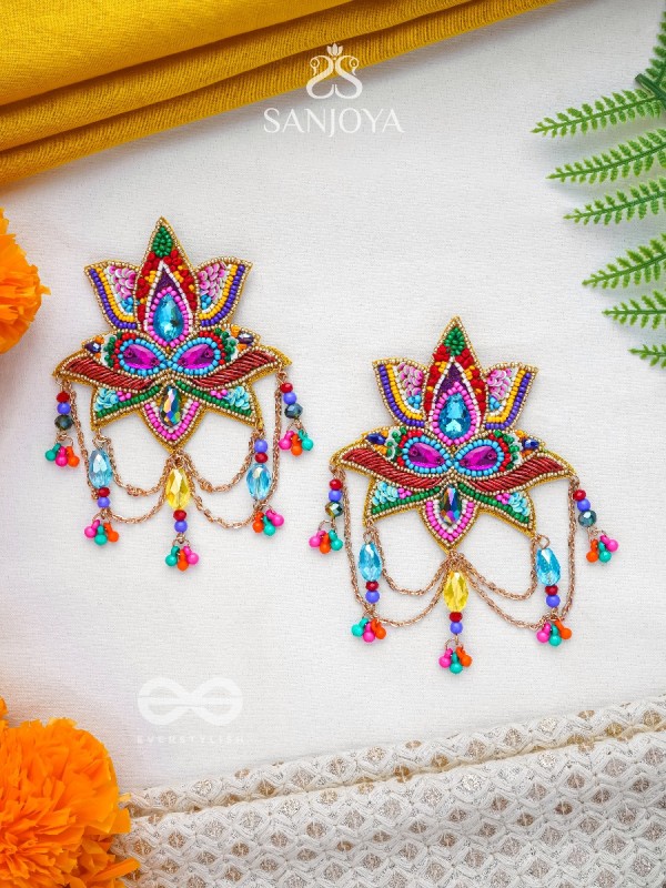 Karnika- The Lovely Lotus- Stones, Sequins and Resham Embroidered Statement Earrings