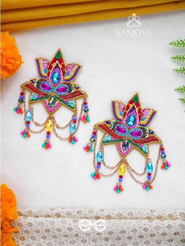 Karnika- The Lovely Lotus- Stones, Sequins and Resham Embroidered Statement Earrings
