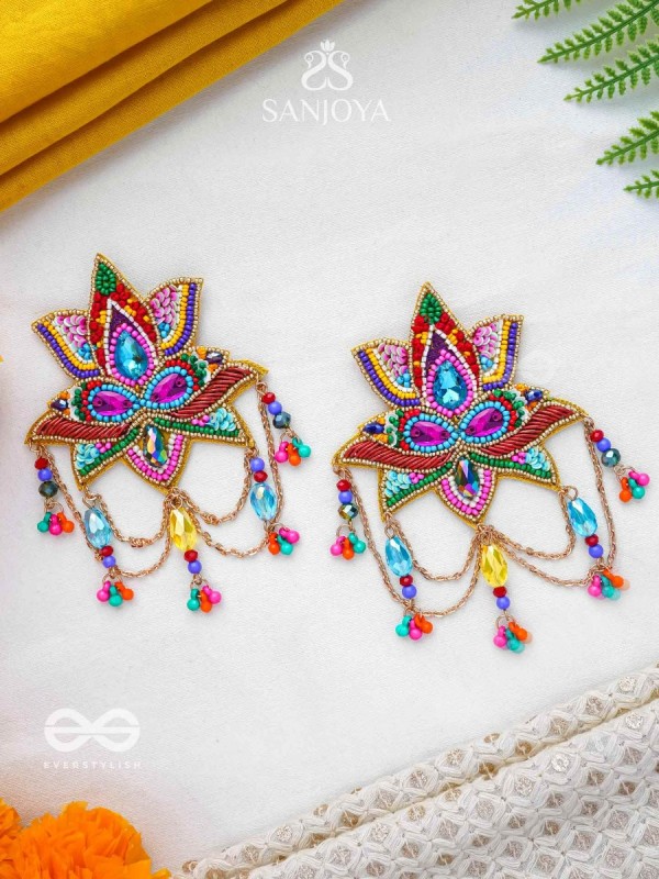 Karnika- The Lovely Lotus- Stones, Sequins and Resham Embroidered Statement Earrings