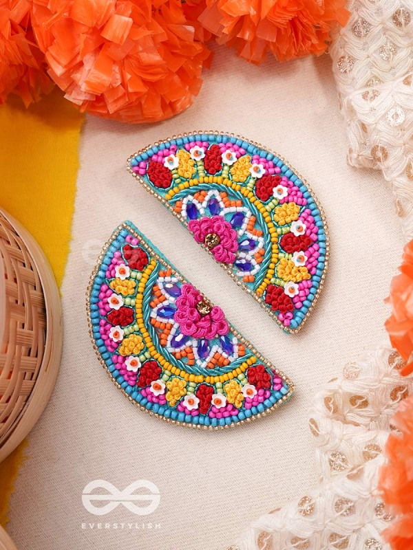 Vrittardha- The Florid Semicircle- Stones, Sequins and Resham Embroidered Stud Earrings