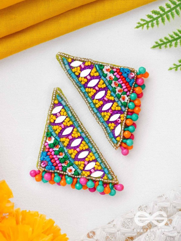 Shikharin - The Gorgeous Pyramid - Mirrors, Beads And Resham Hand Embroidered Stud Earrings