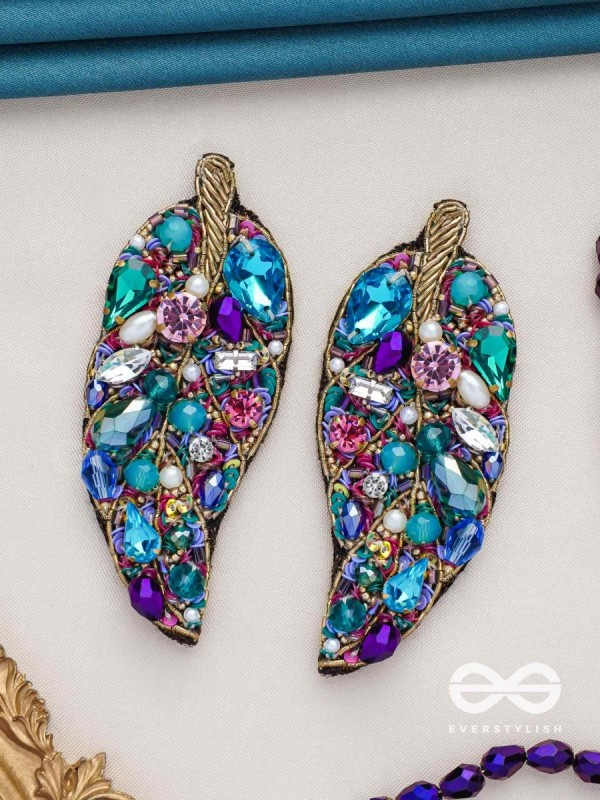 Parnila- The Lovely Leaf- Stones, Sequins and Glass Beads Embroidered Stud Earrings
