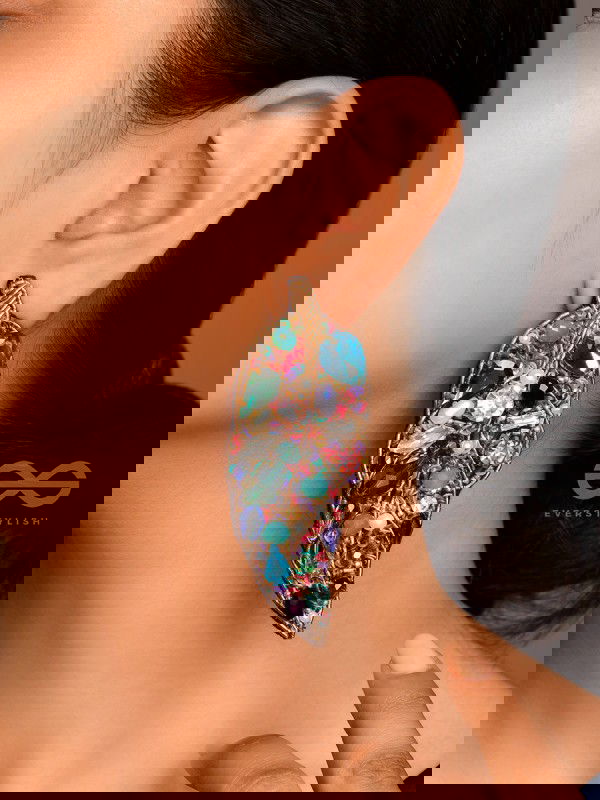 Parnila- The Lovely Leaf- Stones, Sequins and Glass Beads Embroidered Stud Earrings