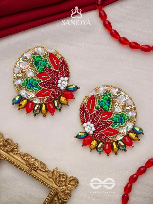 Surangi - The Red Flower Tree - Resham, Cutdana And Sequins Hand Embroidered Earrings