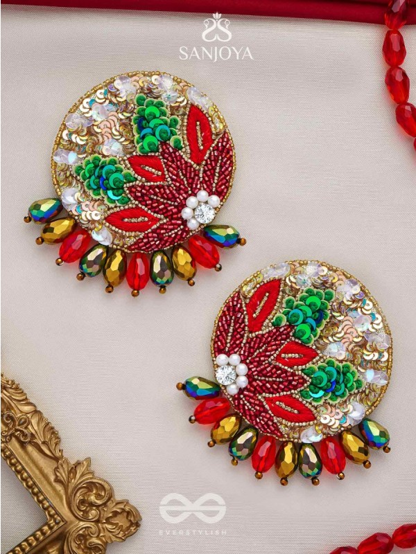 Surangi - The Red Flower Tree - Resham, Cutdana And Sequins Hand Embroidered Earrings