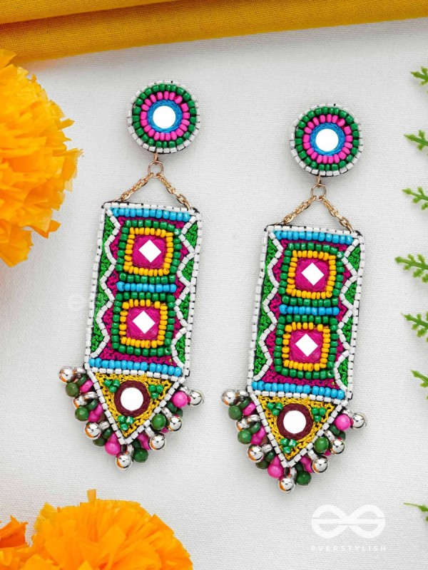 Shalya - The Adorned Arrow - Mirrors, Beads And Resham Hand Embroidered Earrings