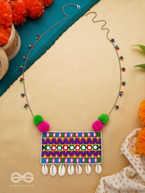 Aastarana - The Stunning Tapestry - Mirrors, Resham And Shells Hand Embroidered Statement Neckpiece