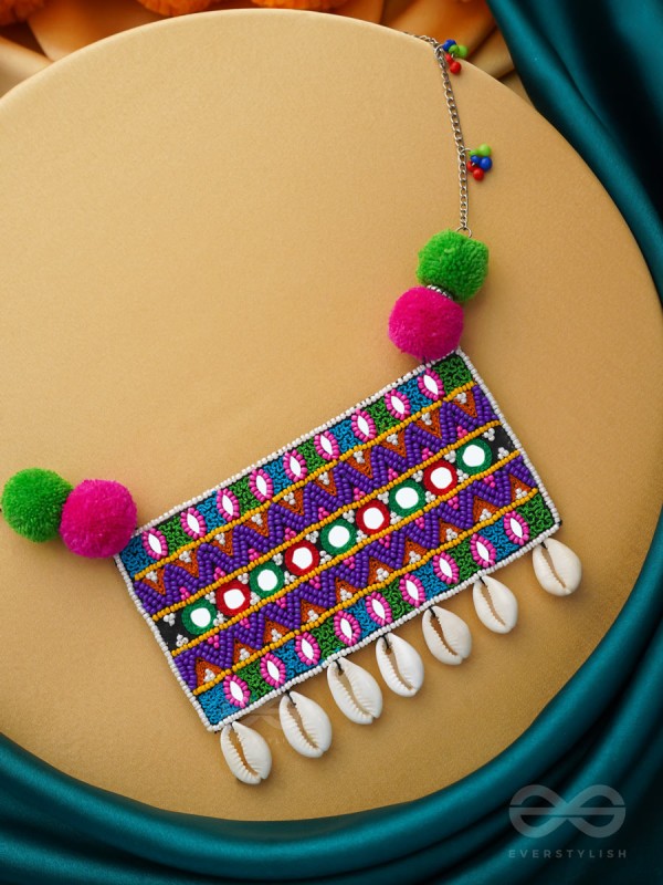 Aastarana - The Stunning Tapestry - Mirrors, Resham And Shells Hand Embroidered Statement Neckpiece