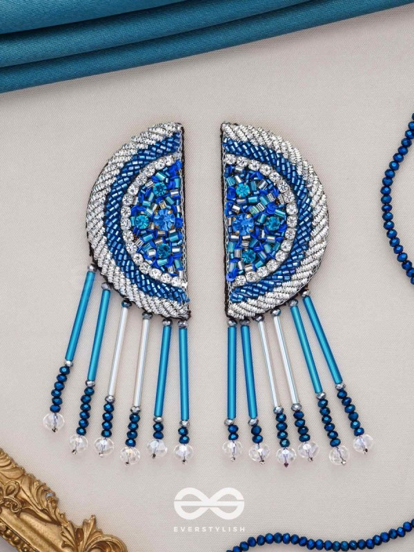 Maskarin - The Blue Moon - Stones, Beads And Cutdana Hand Embroidered Earrings