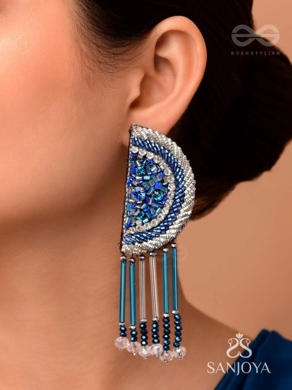 Maskarin - The Blue Moon - Stones, Beads And Cutdana Hand Embroidered Earrings